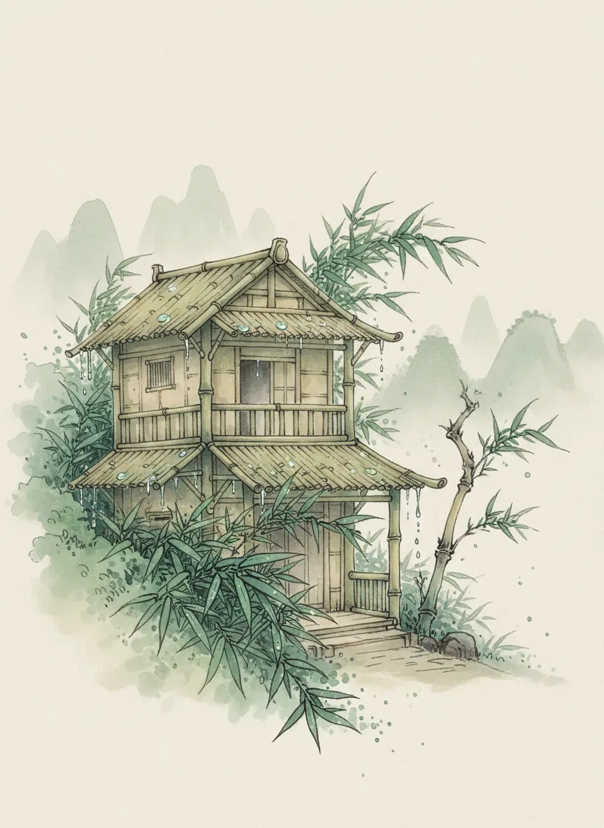 Clear Jade Dripping Wind Tiny Bamboo Building
